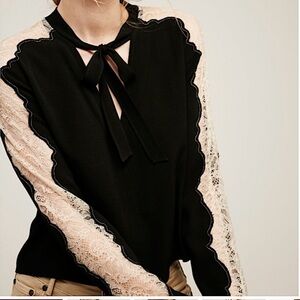 Free People Black and Cream Lace Blouse